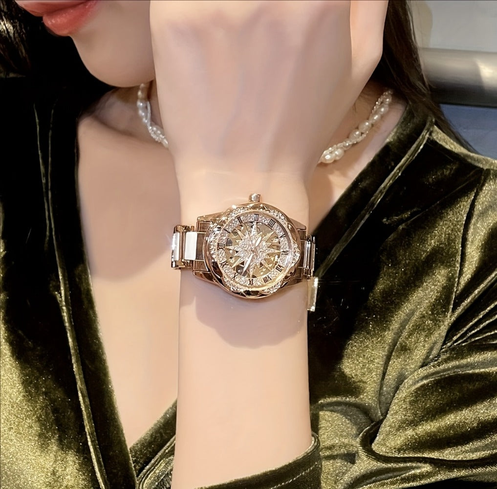 Women's Quartz Watch - Sunflower Rose Gold Ceramic Stainless Steel Two-Tone Band Waterproof - product detail view 11