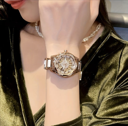 Women's Quartz Watch - Sunflower Rose Gold Ceramic Stainless Steel Two-Tone Band Waterproof - product detail view 11