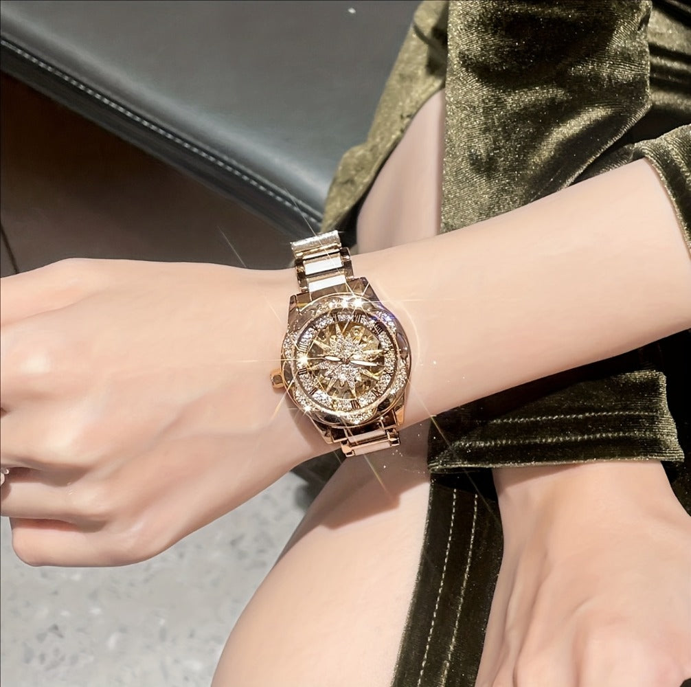 Women's Quartz Watch - Sunflower Rose Gold Ceramic Stainless Steel Two-Tone Band Waterproof - product detail view 12