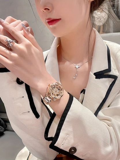Women's Quartz Watch - Sunflower Rose Gold Ceramic Stainless Steel Two-Tone Band Waterproof - product detail view 13