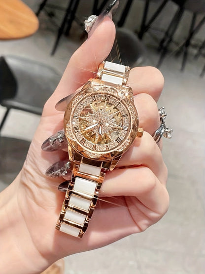 Women's Quartz Watch - Sunflower Rose Gold Ceramic Stainless Steel Two-Tone Band Waterproof - product detail view 14