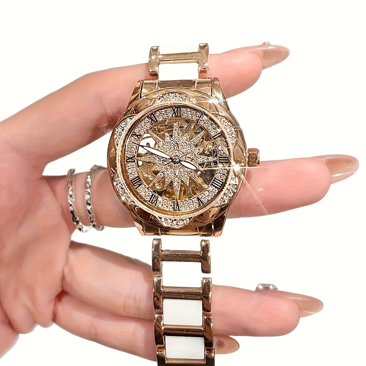 Women's Quartz Watch - Sunflower Rose Gold Ceramic Stainless Steel Two-Tone Band Waterproof - product detail view 16