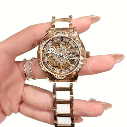 Women's Quartz Watch - Sunflower Rose Gold Ceramic Stainless Steel Two-Tone Band Waterproof - product detail view 16