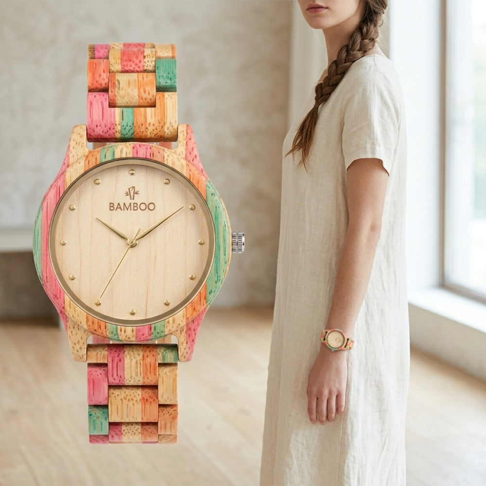 Women's Quartz Watch - Wood for Bamboo Wristwatch Multicolor Natural Wooden Bracelet - product detail view 7