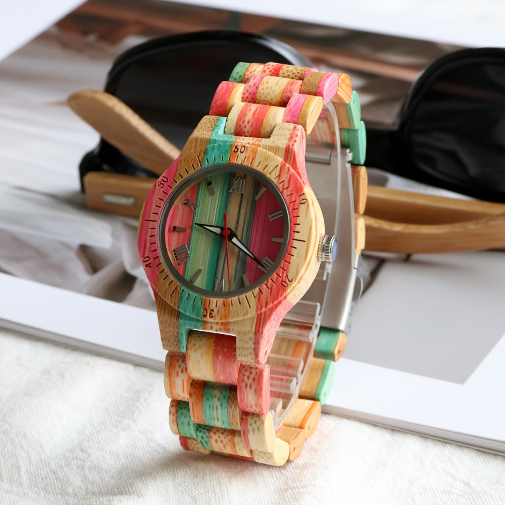 Women's Quartz Watch - Wood for Bamboo Wristwatch Multicolor Natural Wooden Bracelet - product detail view 8