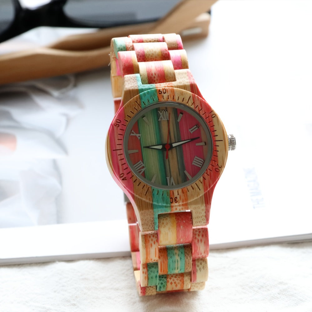 Women's Quartz Watch - Wood for Bamboo Wristwatch Multicolor Natural Wooden Bracelet - product detail view 9