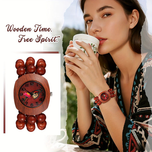 Women's Quartz Watch - Wood Beaded for Boho Elastic Bracelet Band, Butterfly Dial, Arabic - main product view