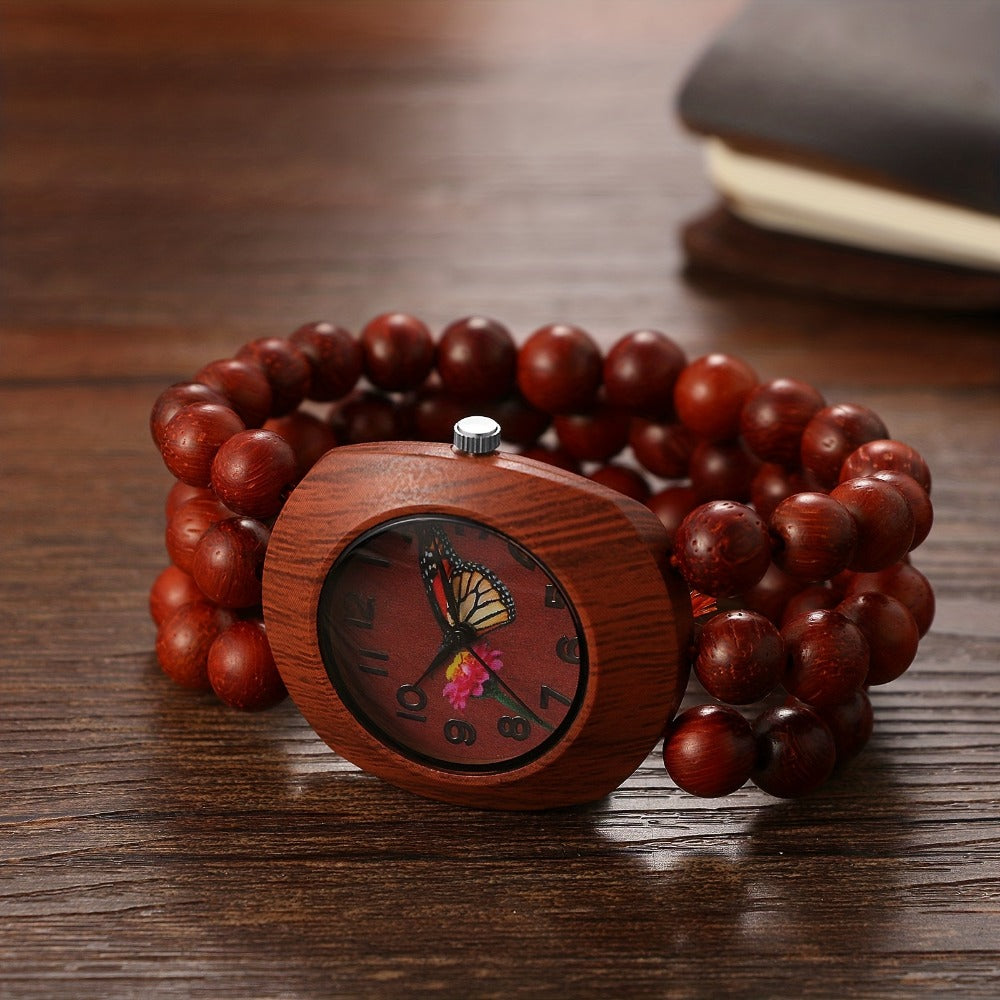 Women's Quartz Watch - Wood Beaded for Boho Elastic Bracelet Band, Butterfly Dial, Arabic - product detail view 2