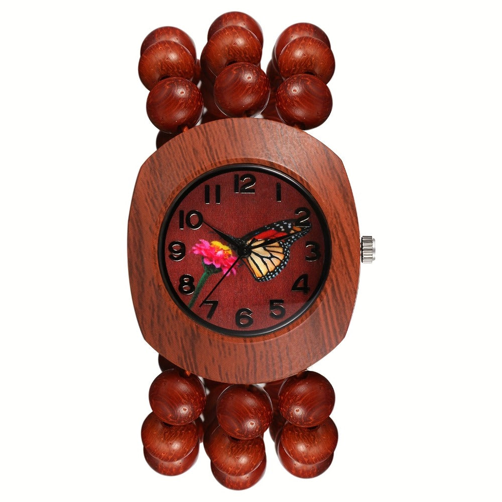 Women's Quartz Watch - Wood Beaded for Boho Elastic Bracelet Band, Butterfly Dial, Arabic - product detail view 3