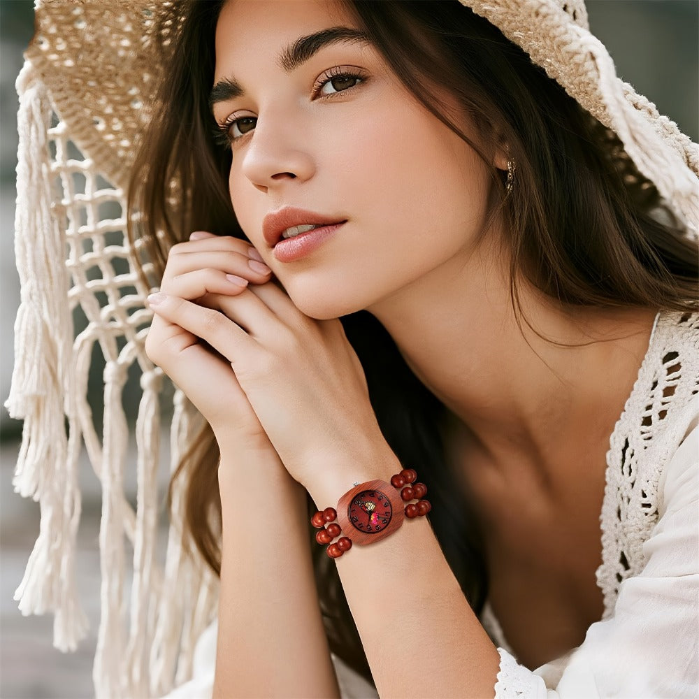 Women's Quartz Watch - Wood Beaded for Boho Elastic Bracelet Band, Butterfly Dial, Arabic - product detail view 5