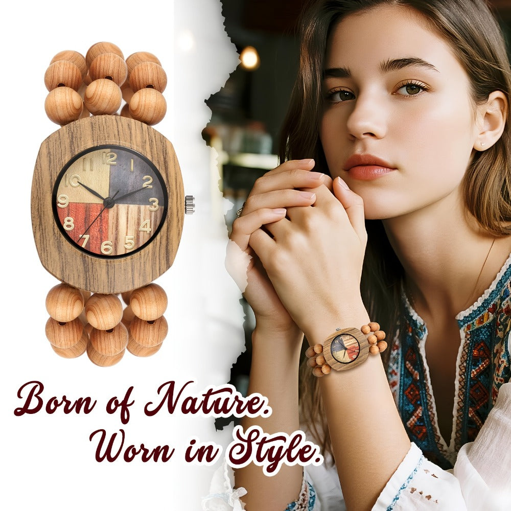 Women's Quartz Watch - Wood Beaded for Boho Elastic Bracelet Band, Butterfly Dial, Arabic - product detail view 6
