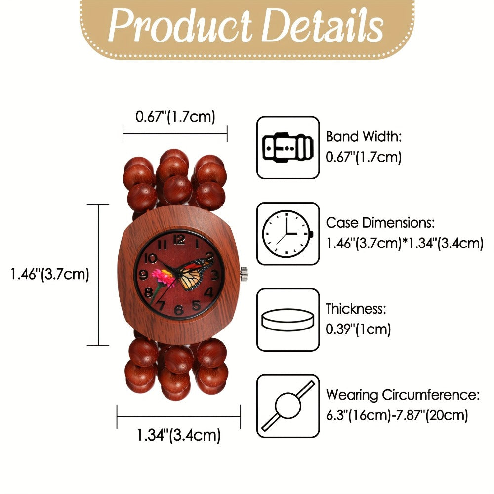 Women's Quartz Watch - Wood Beaded for Boho Elastic Bracelet Band, Butterfly Dial, Arabic - product detail view 7
