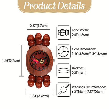 Women's Quartz Watch - Wood Beaded for Boho Elastic Bracelet Band, Butterfly Dial, Arabic - product detail view 7