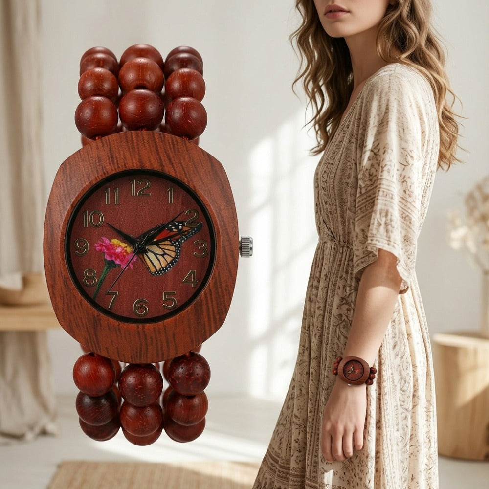 Women's Quartz Watch - Wood Beaded for Boho Elastic Bracelet Band, Butterfly Dial, Arabic - product detail view 9