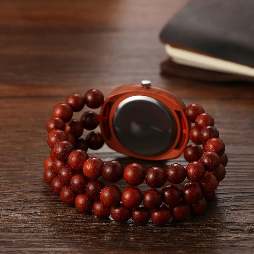 Women's Quartz Watch - Wood Beaded for Boho Elastic Bracelet Band, Butterfly Dial, Arabic - product detail view 10