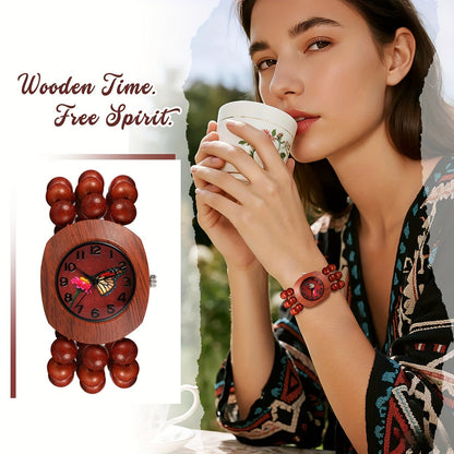 Women's Quartz Watch - Wood Beaded for Boho Elastic Bracelet Band, Butterfly Dial, Arabic - product detail view 11
