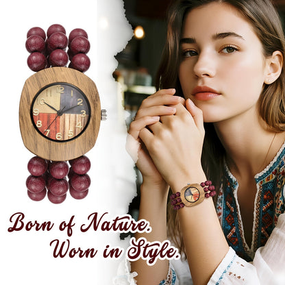 Women's Quartz Watch - Wood Beaded for Boho Elastic Bracelet Band, Butterfly Dial, Arabic - product detail view 12