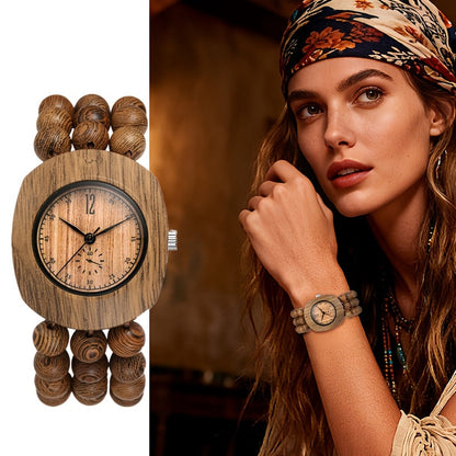 Women's Quartz Watch - Wood Beaded for Boho Elastic Bracelet Band, Butterfly Dial, Arabic - product detail view 13