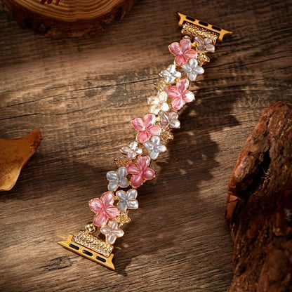 Women's Watch - Apple Band Elastic Alloy Flower Luxury Pink Floral Strap with Deployant - product detail view 12