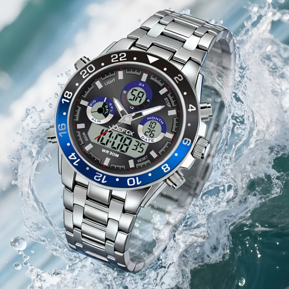 Men's Watch - JOEFOX 's Vintage Business Chronograph Dual Movement Steel Band - product detail view 6