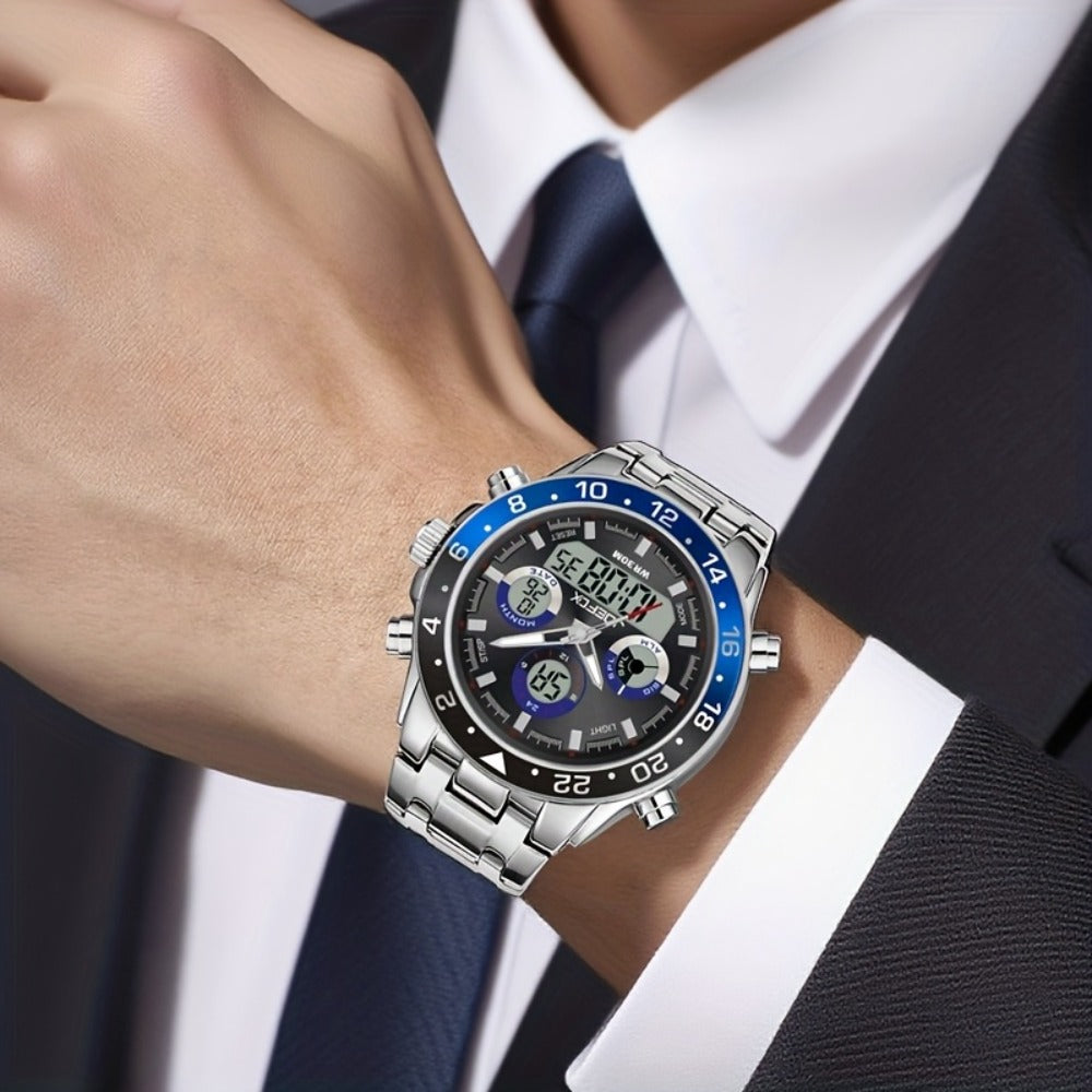Men's Watch - JOEFOX 's Vintage Business Chronograph Dual Movement Steel Band - product detail view 7