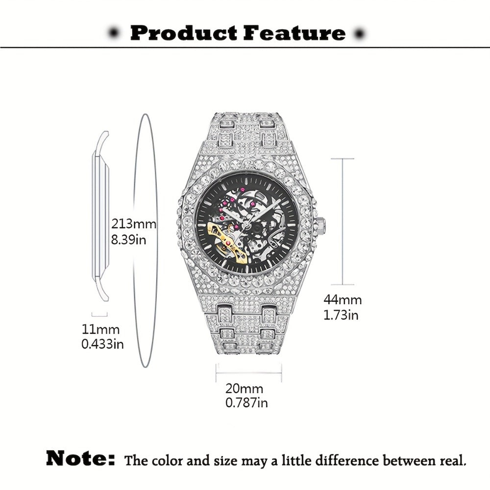 Men's Watch - Luxury 's Automatic Mechanical Rhinestone Embellished Large Dial Round - product detail view 5