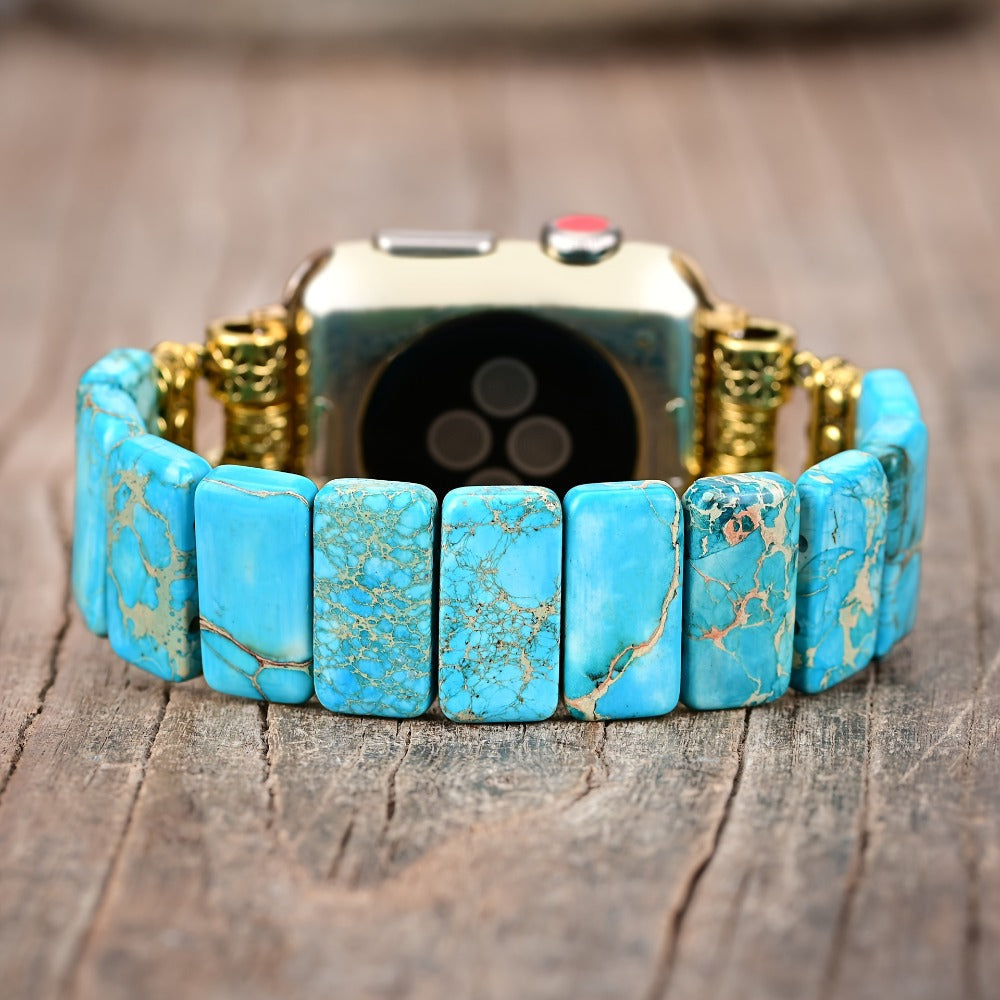 Women's Watch - Natural Stone Apple Band for Lake Blue Imperial Stone Handmade Boho Beaded - product detail view 2