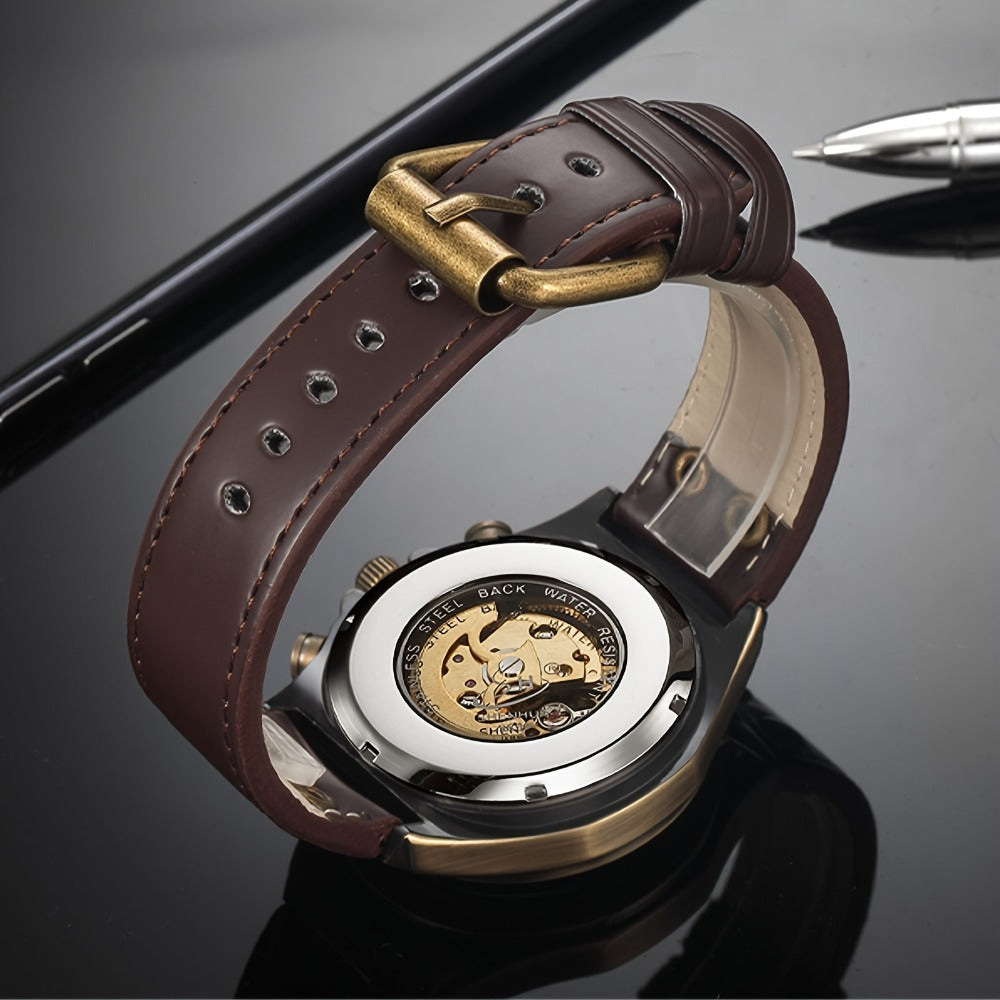 Men's Watch - 's Automatic Mechanical Skeleton Retro Roman Numeral Hollow Dial Leather - product detail view 3