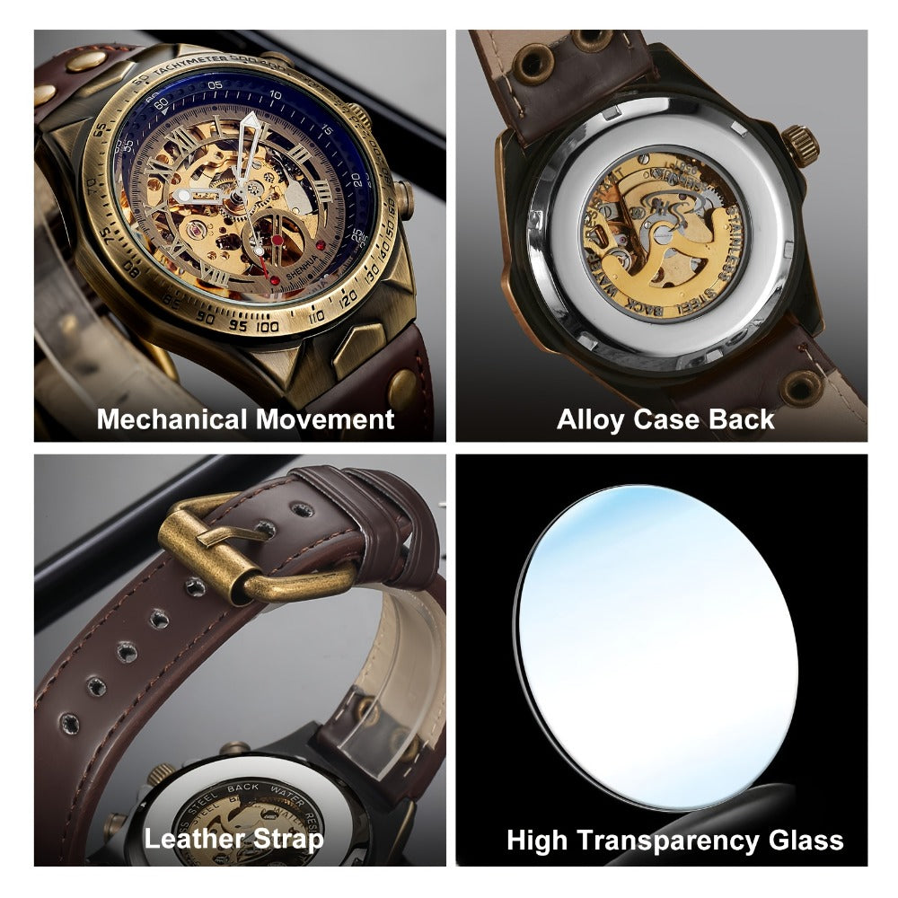 Men's Watch - 's Automatic Mechanical Skeleton Retro Roman Numeral Hollow Dial Leather - product detail view 5