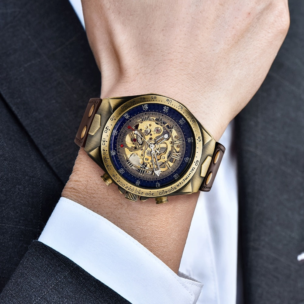 Men's Watch - 's Automatic Mechanical Skeleton Retro Roman Numeral Hollow Dial Leather - product detail view 10
