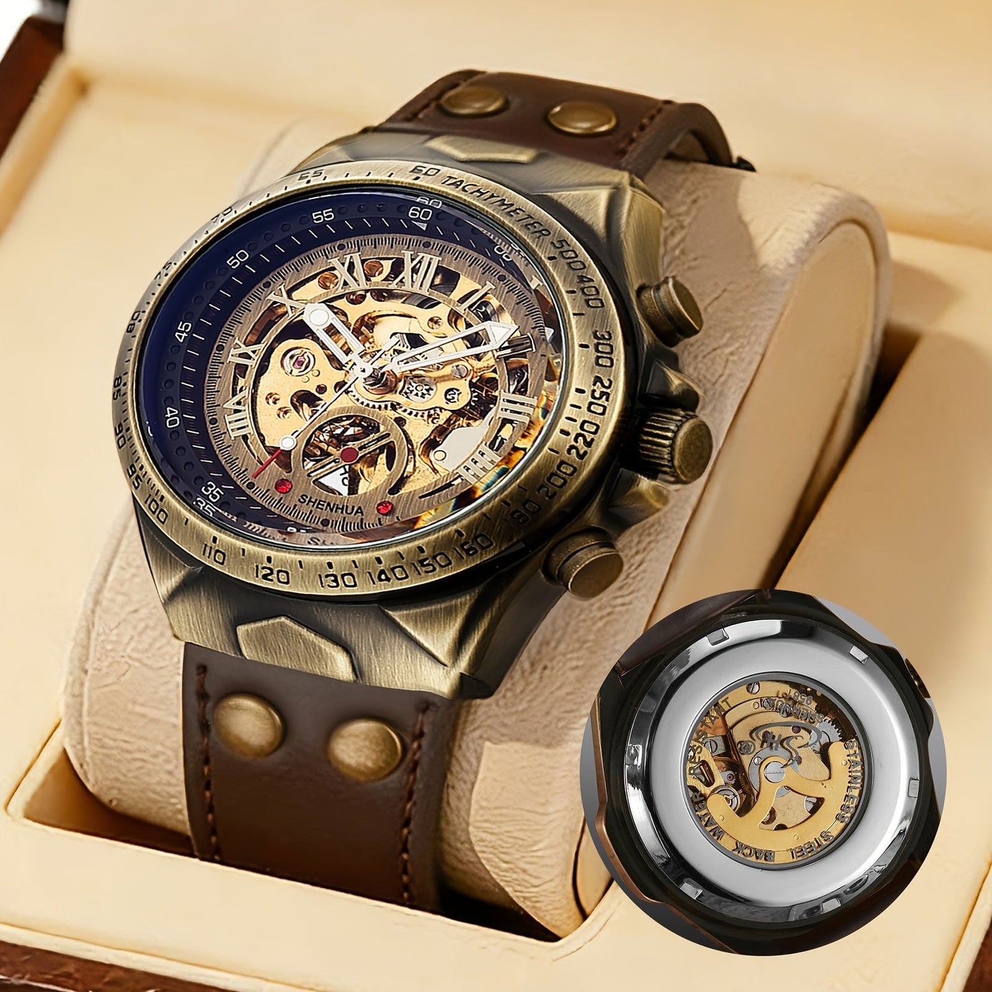 Men's Watch - 's Automatic Mechanical Skeleton Retro Roman Numeral Hollow Dial Leather - product detail view 11