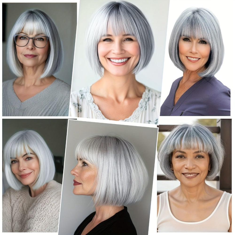 Women's Wig - Gray Short Straight 8 Inch with Bangs for - Silvery Grey Bob for Cosplay - product detail view 4