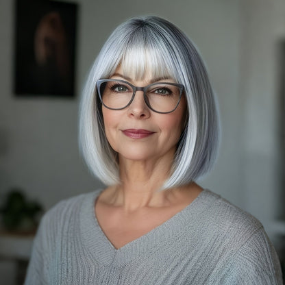Women's Wig - Gray Short Straight 8 Inch with Bangs for - Silvery Grey Bob for Cosplay - product detail view 8