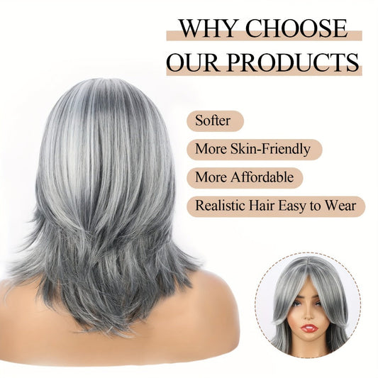 Women's Wig - Grey Bob Mullet with Curtain Bangs for - 14 Inch Short Layered Wavy Light - product detail view 2