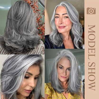 Women's Wig - Grey Bob Mullet with Curtain Bangs for - 14 Inch Short Layered Wavy Light - product detail view 3