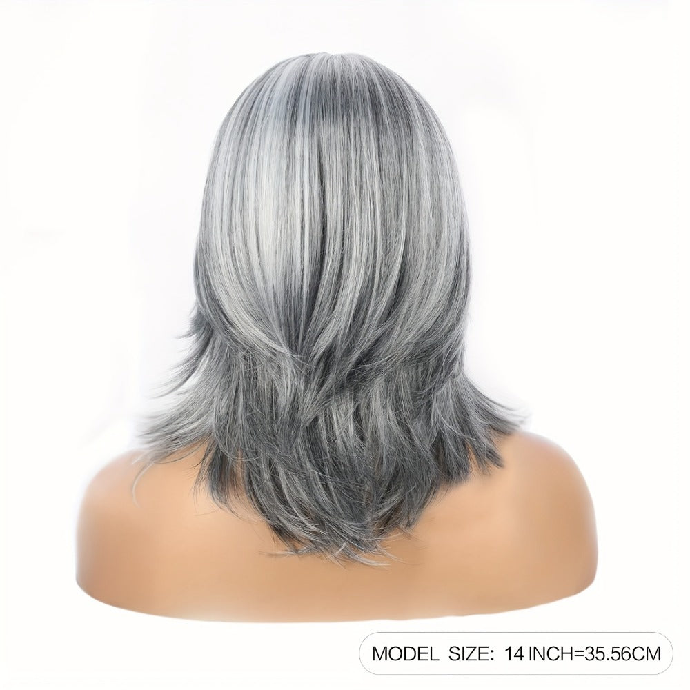 Women's Wig - Grey Bob Mullet with Curtain Bangs for - 14 Inch Short Layered Wavy Light - product detail view 4