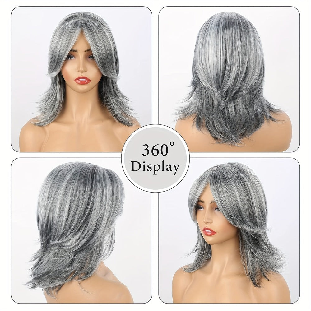 Women's Wig - Grey Bob Mullet with Curtain Bangs for - 14 Inch Short Layered Wavy Light - product detail view 6