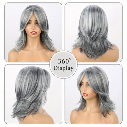 Women's Wig - Grey Bob Mullet with Curtain Bangs for - 14 Inch Short Layered Wavy Light - product detail view 6