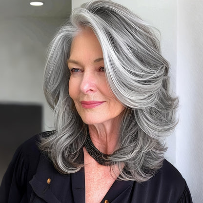 Women's Wig - Grey Bob Mullet with Curtain Bangs for - 14 Inch Short Layered Wavy Light - product detail view 8
