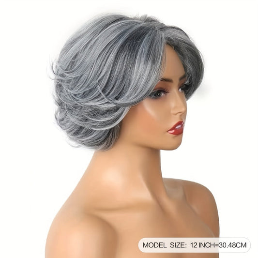 Women's Wig - Grey Pixie Cut | Silvery Straight Bob with Bangs, 12 Inch Highlight - product detail view 2