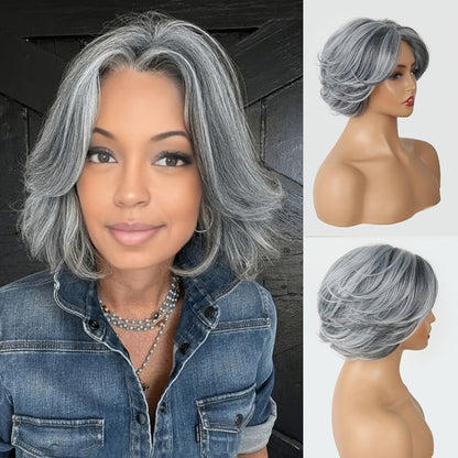Women's Wig - Grey Pixie Cut | Silvery Straight Bob with Bangs, 12 Inch Highlight - product detail view 3