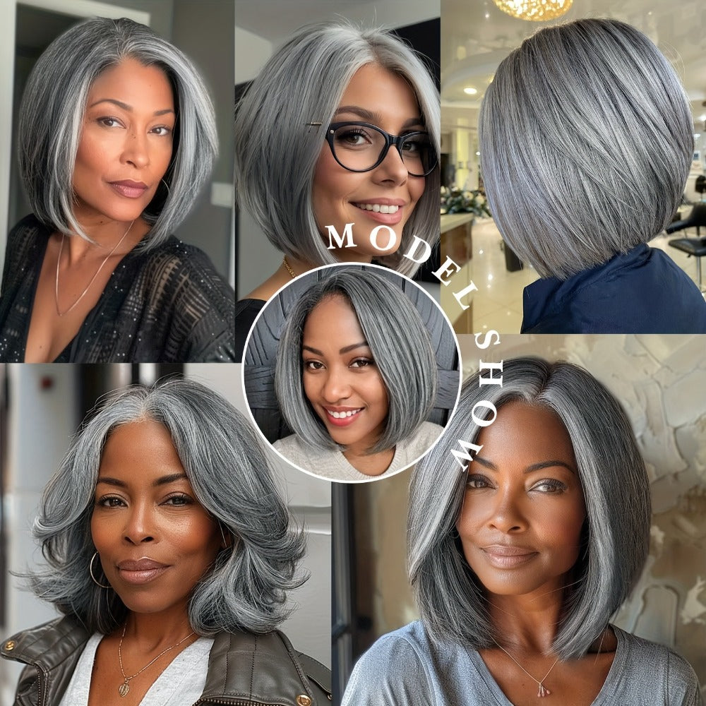 Women's Wig - Grey Pixie Cut | Silvery Straight Bob with Bangs, 12 Inch Highlight - product detail view 4