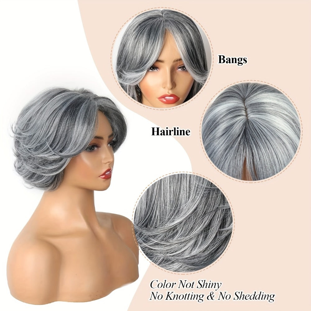 Women's Wig - Grey Pixie Cut | Silvery Straight Bob with Bangs, 12 Inch Highlight - product detail view 6
