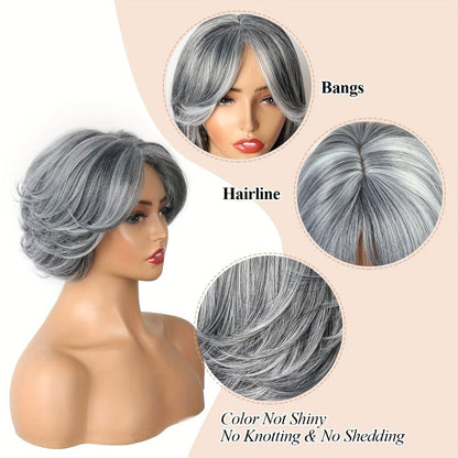Women's Wig - Grey Pixie Cut | Silvery Straight Bob with Bangs, 12 Inch Highlight - product detail view 6