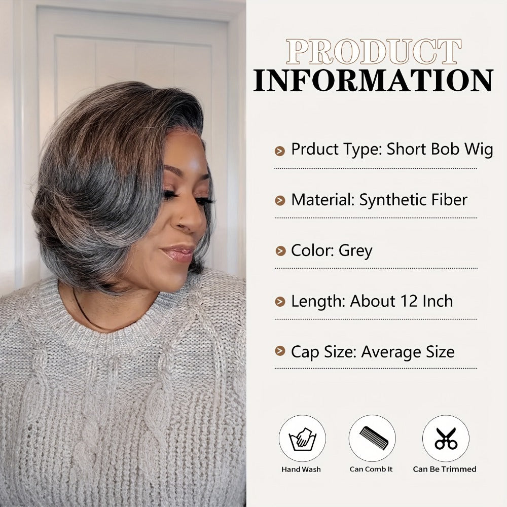 Women's Wig - Grey Pixie Cut | Silvery Straight Bob with Bangs, 12 Inch Highlight - product detail view 8