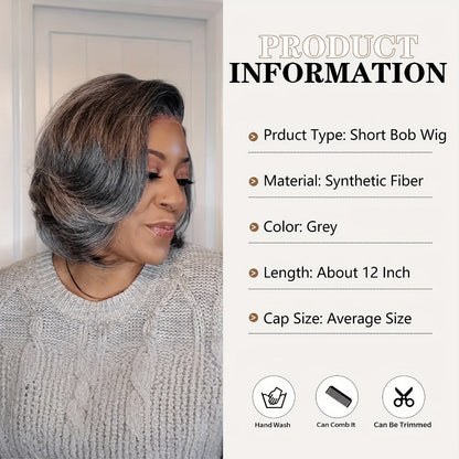 Women's Wig - Grey Pixie Cut | Silvery Straight Bob with Bangs, 12 Inch Highlight - product detail view 8