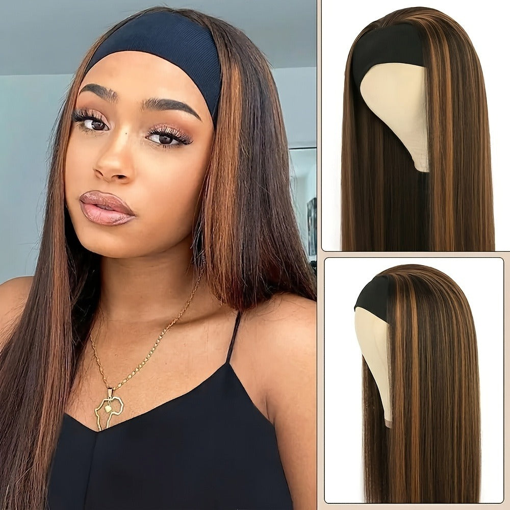 Women's Wig - Headband Long Straight 26 Inch for - Brown Golden Highlight Natural Hair - main product view