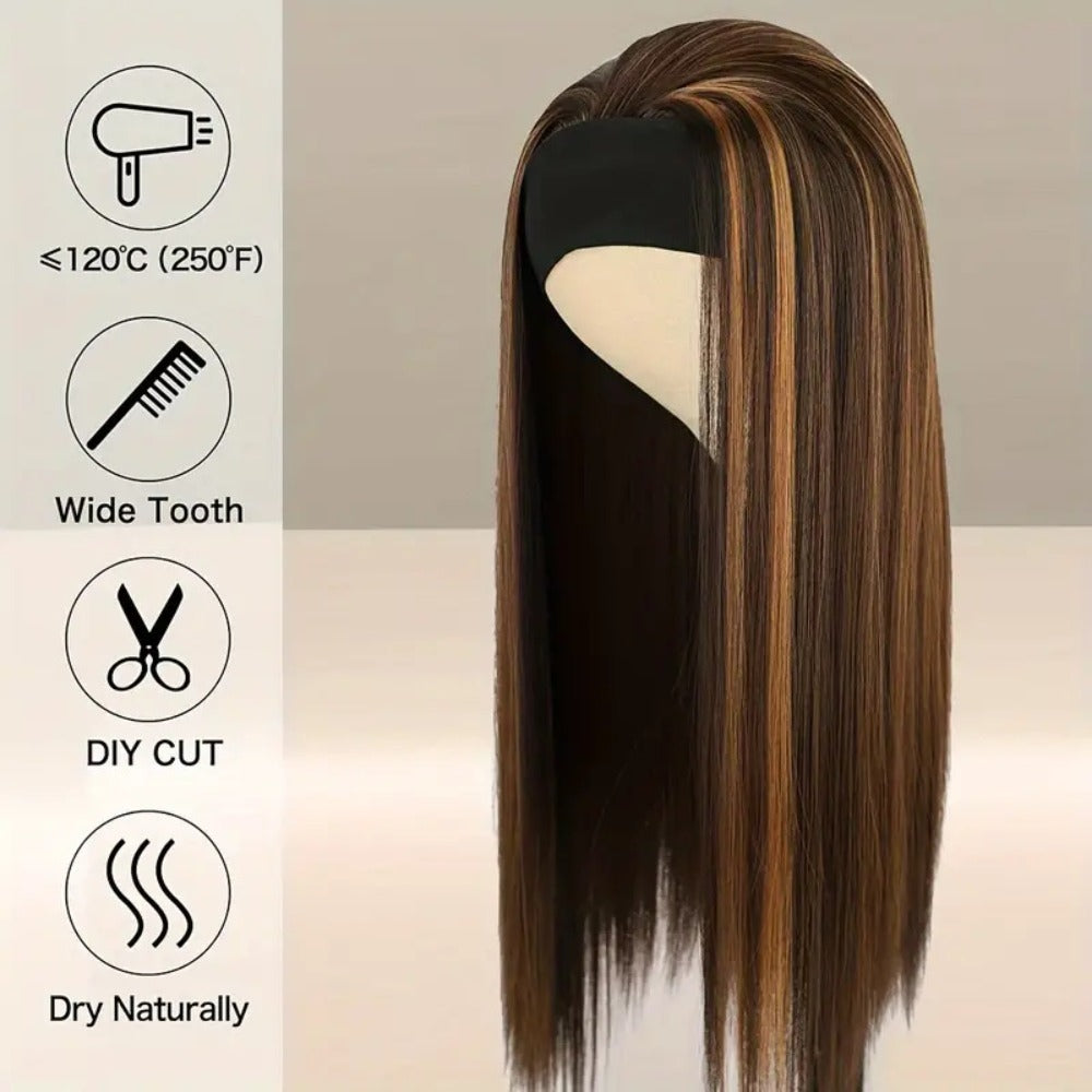 Women's Wig - Headband Long Straight 26 Inch for - Brown Golden Highlight Natural Hair - product detail view 3