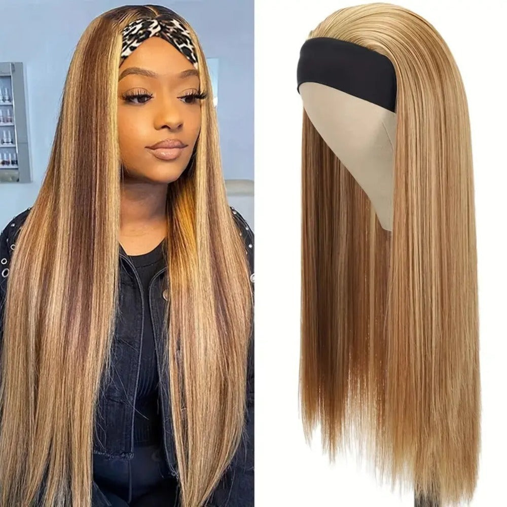 Women's Wig - Headband Long Straight 26 Inch for - Brown Golden Highlight Natural Hair - product detail view 6