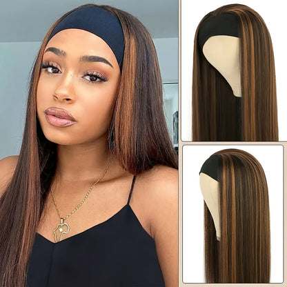 Women's Wig - Headband Long Straight 26 Inch for - Brown Golden Highlight Natural Hair - product detail view 9
